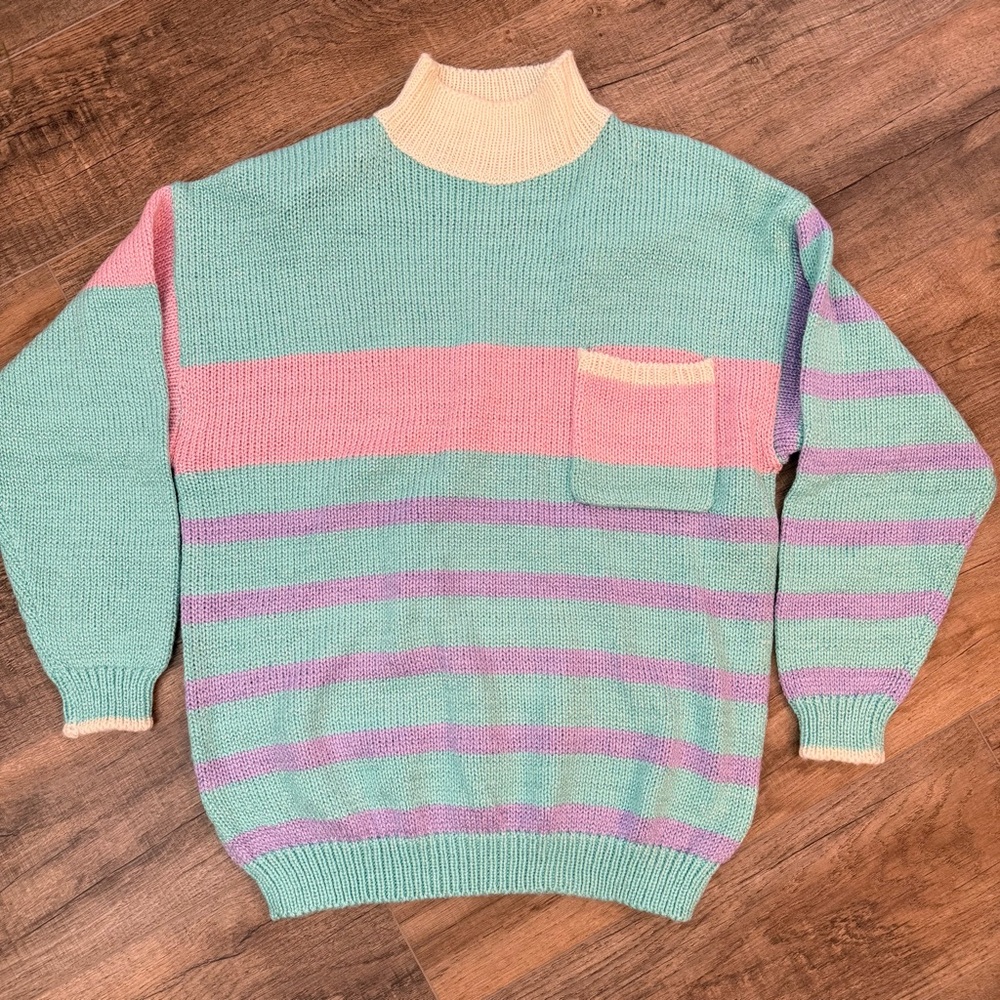 Vtg Pastel 80s 90 Knit Striped Pastel Sweater Women Colorblock Girlhoodcore Mock